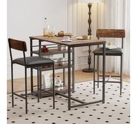 GarveeLife Ensemble Table De Bar avec 2 Chaises Rembourrées, Table De Bistrot pour Cuisine avec 3 Étagères (Marron, 92 x 50 x 92 cm)