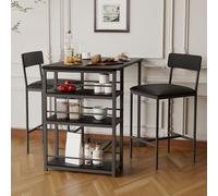 GarveeLife Ensemble Table De Bar avec 2 Chaises Rembourrées, Table De Bistrot pour Cuisine avec 3 Étagères (Noir, 92 x 50 x 92 cm)