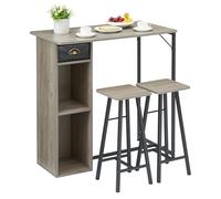 GarveeLife Ensemble Table de Bar avec 2 Tabourets, Table Haute de Petit Déjeuner Style Moderne avec Rangement Latéral, pour Cuisine, Salle à Manger et Petits Espaces, Gris Aspect Bois