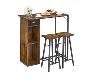 GarveeLife Ensemble Table Haute avec 2 Tabourets, Table de Bar Style Industriel avec Compartiments et Poche de Rangement, pour Maison, Cuisine et Bar Maison, Brun Rustique