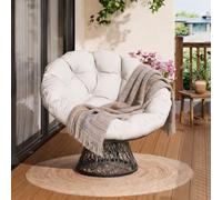 GarveeLife Fauteuil Papasan en Rotin Chaise Relax Ronde Résine Tressée 1 Place Pivotant à 360°, Coussin Épais Grand Confort Inclus, Mobilier de Jardin pour Amenagement Balcon Terrasse Salon de Jardin