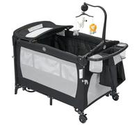 GarveeLife Lit bébé multifonction 5-en-1 pliable - Parc 2 niveaux avec matelas, table à langer, berceau cododo, arche de jouets, boîte à musique, sac de transport - Noir européen à configuration shake