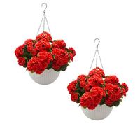 GarveeLife Lot de 2 Fleurs artificielles à Suspendre - Géraniums artificiels avec Panier Blanc - Fleurs artificielles décoratives pour l'extérieur, la Maison, Le Jardin, Le Balcon - Rouge
