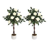 GarveeLife Lot de 2 rosiers artificiels - Rose/Blanc - Plantes de Roses décoratives pour l'intérieur et l'extérieur - 75/80/90/105/120/150 cm de Haut - avec Tronc en Bois Naturel et Fleurs réalistes