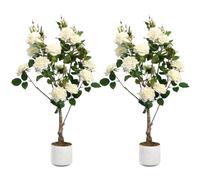 GarveeLife Lot de 2 rosiers artificiels - Rose/Blanc - Plantes de Roses décoratives pour l'intérieur et l'extérieur - 75/80/90/105/120/150 cm de Haut - avec Tronc en Bois Naturel et Fleurs réalistes