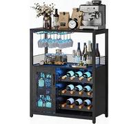 GarveeLife Meuble Bar à Vin avec éclairage LED, Armoire à Vin à 3 Niveaux avec Casier à Bouteilles Amovible, Porte-Verres Et Porte Grillagée, Buffet en Bois pour La Maison, La Cuisine Et Le Salon
