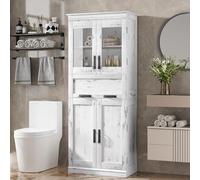 GarveeLife Meuble De Salle De Bain Haut, 4 Portes Et 5 étagères, avec Verre Transparent Et étagères Réglables, Armoire De Salle De Bain De Rangement avec Anti-Basculement, 170 x 60 x 31 cm