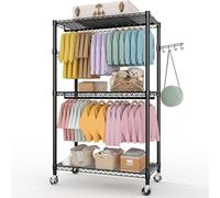 GarveeLife Portant à vêtements à 3 niveaux avec roulettes, étagères réglables et 2 tringles de suspension, organiseur de placard robuste pour suspendre des vêtements (192 x 115,1 x 40,1cm, argenté