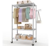 GarveeLife Portant à vêtements à 3 niveaux avec roulettes, étagères réglables et 2 tringles de suspension, organiseur de placard robuste pour suspendre des vêtements (192 x 115,1 x 40,1cm, argenté