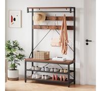 GarveeLife Porte-Manteau Avec Banc à Chaussures, Banc De Rangement Industriel Pour Entrée, Porte-Manteau Avec Banc à Chaussures Avec Barre De Suspension, 8 Crochets, 101x 40 x 183cm