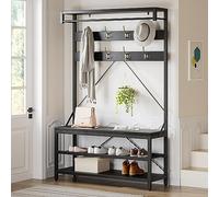 GarveeLife Porte-Manteau Avec Banc à Chaussures, Banc De Rangement Industriel Pour Entrée, Porte-Manteau Avec Banc à Chaussures Avec Barre De Suspension, 8 Crochets, 101x 40 x 183cm