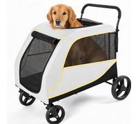 GarveeLife Poussette 2 en 1 pliable pour chiens et chats de grande et moyenne taille, pliable, avec fenêtre en filet, porte-gobelet, poignée réglable et roues à 360°, jusqu'à 50 kg (blanc)