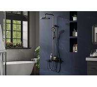 GarveeLife Système de douche complet sans mitigeur, colonne réglable en inox, grand tête pluie ronde 25cm, étagère de rangement - Finition noire élégante pour salle de bain - Tuyau droit noir, buse