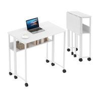 GarveeLife Table Pliante de 80 cm avec étagère de Rangement, Bureau d'ordinateur Pliable avec roulettes pour Petit Espace, Table de canapé Mobile pour la Maison, Le Bureau, l'étude, Assemblage Facile
