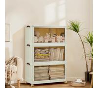 GarveeMore Bac de rangement à couvercle empilable et pliable, plastique avec portes avant magnétiques, roulettes verrouillables, 3 niveaux 144QT - Translucide, 55 cm de large, 3 niveaux
