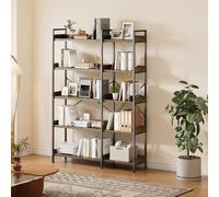 GarveeMore Bibliothèque d'angle Industrielle 5 Niveaux Bois/métal - Étagères Ouvertes, Pieds réglables, 4 Crochets, Anti-basculement, réversible - JJSJ-003 Ironwood Five-Tier Bookshelf
