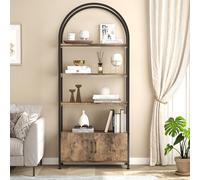 GarveeMore Bibliothèque de Bureau Arche Moderne sur Pied 181,5 cm - 4 Niveaux + Placard 2 Portes - métal Style Industriel - étagère de Rangement, Salon/Chambre/Bureau - Marron, Cadre Noir