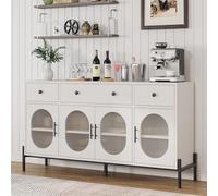 GarveeMore Buffet/bahut de Salle à Manger 157 cm avec Rangement - 3 tiroirs, 4 Portes vitrées en Verre strié, étagères réglables - Meuble d’appoint Cuisine/Salon - Blanc gaufré