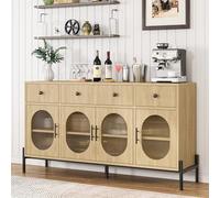 GarveeMore Buffet/bahut de Salle à Manger 157 cm avec Rangement - 3 tiroirs, 4 Portes vitrées en Verre strié, étagères réglables - Meuble d’appoint Cuisine/Salon - Bois Naturel