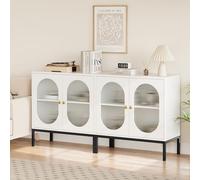 GarveeMore Buffet bas en rotin blanc avec portes en verre cannelé - Armoire d’entrée - Étagères réglables - Style scandinave moderne - Pour salon, salle à manger, couloir - 80x35x79cm - Finition White