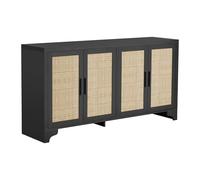 GarveeMore Buffet d’entrée 4 Portes en rotin Naturel - Meuble Console de Rangement Style bohème Farmhouse - Placards + étagères - Meuble TV Jusqu’à 70" / Bar à café - Noir