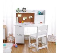 GarveeMore Bureau Enfant + Chaise avec Rangement - Table d’étude en Bois avec étagère bibliothèque, tiroirs et placards - Panneau d’Affichage - pour 3-12 Ans - Couleur : Blanc