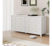 GarveeMore Capacité maximale de Rangement - Commode 6 tiroirs en Bois Blanc pour Chambre - Poignées dorées - Sécurité Anti-basculement - Compatible Robot aspirateur - 6-Drawer Chest, White