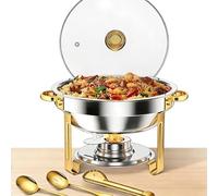 GarveeMore Chafing dish rond 5 Qt en inox doré, lot de 2 - Couvercle en verre trempé - Support pliable & porte-combustible - Buffet/traiteur, mariages & fêtes - Set 2 pièces