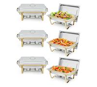 GarveeMore Chafing Dishes Rectangulaires 8L INOX Doré - Chauffe-Plat Buffet Professionnel - Poignées Isolées, Finition Miroir, Élégant et Robuste - Mariages, Fêtes, Restauration - Set 6pcs
