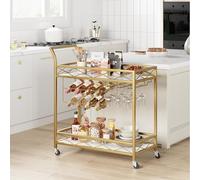 GarveeMore Chariot de Bar 2 Niveaux sur roulettes - Desserte de Service dorée, étagères Effet marbre Blanc, Porte-Bouteilles & Porte-Verres - Cuisine/Salon/Salle à Manger - Couleur : Or
