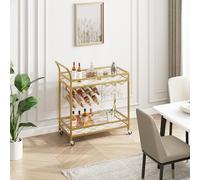GarveeMore Chariot de Bar 2 Niveaux sur roulettes - Structure dorée, Plateaux Effet marbre Blanc - Porte-Verres & Porte-Bouteilles, desserte Mobile pour Cuisine/Salon/Salle à Manger - Couleur : Or