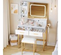 GarveeMore Coiffeuse Moderne avec Miroir LED 3 Modes - 4 tiroirs, rangements Ouverts, Prise intégrée (AC + USB), Tabouret, Support sèche-Cheveux - Table de Maquillage élégante pour Chambre, Design