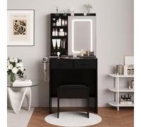 GarveeMore Coiffeuse moderne avec miroir LED - Éclairage réglable 3 modes - Station de frais - Grand rangement (2 tiroirs, 3 compartiments ouverts) + tabouret rembourré avec rangement - Pour chambre -