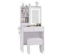 GarveeMore Coiffeuse moderne avec miroir LED - Éclairage réglable 3 modes - Station de frais - Grand rangement (2 tiroirs, 3 compartiments ouverts) + tabouret rembourré avec rangement - Pour chambre -