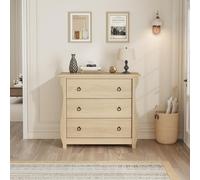 GarveeMore Commode 3 tiroirs Moderne Style Mid-Century - Bois Coloris chêne Naturel, détails en rotin - Poignées Anneau métal Noir - Tiroirs Profonds, Anti-basculement - Couleur: Wood Color, Specs: