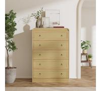 GarveeMore Commode 5 tiroirs en rotin moderne - Bois naturel, angles arrondis, grand rangement, meuble chambre/entrée/salon, style bohème - 5-drawer cabinet - Natural wood with rattan