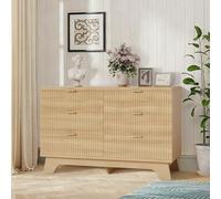 GarveeMore Commode 6 tiroirs 120 cm Style Mid-Century Moderne - Façade cannelée - Poignées dorées - Peut Servir de Meuble TV, Rangement Chambre/Salon/entrée - Couleur : chêne Naturel (Natural Oak)