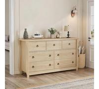 GarveeMore Commode 6 Tiroirs 120 cm sur Pied pour Chambre | 6 tiroirs | bois effet chêne naturel | style bohème avec détails en rotin | grand rangement, sécurité anti-basculement