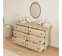 GarveeMore Commode 6 Tiroirs 120 cm sur Pied pour Chambre | 6 tiroirs | bois effet chêne naturel | style bohème avec détails en rotin | grand rangement, sécurité anti-basculement