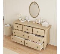 GarveeMore Commode 7 tiroirs 137 cm sur Pied pour Chambre - Coffre de Rangement en Bois Style bohème Moderne, poignées Anneau décoratives, Grand Format, autoportant - Couleur : Wood Color | 7-Drawer