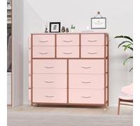 GarveeMore Commode d’entrée Haute, Meuble de Rangement 12 tiroirs en Tissu - Structure métal Robuste Style Industriel - Plateau Effet Bois - poignées de tirage - Rose