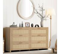 GarveeMore Commode en rotin 6 tiroirs 56" - Style bohème, poignées dorées, sur roulettes - Meuble de Rangement Effet chêne Clair - Couleur: Light Oak