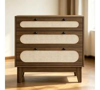 GarveeMore Commode entrée rotin 3 tiroirs Bois foncé | style boho moderne, dimensions 80x40x79cm. Pieds en bois et kit anti-basculement inclus pour une utilisation sécurisée