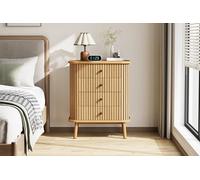 GarveeMore Commode Haute Boho Moderne 4 tiroirs - Façade cannelée & Touches rotin - Profil Arrondi, poignées Noir Mat, Pieds Bois - Rangement Chambre/Salon/entrée - Coloris Wild Oak