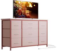 GarveeMore Commode Industrielle 10 tiroirs Tissu avec Station de Imposer - Rangement Moderne pour Salon, Chambre, entrée - Cadre métal, Plateau Bois - Pratique et décoratif - Couleur : Rose