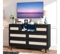 GarveeMore Commode Moderne Bois & rotin 6 tiroirs, Grand Rangement Chambre - LED/RGB - Station de Frais USB intégrée - Usage Meuble TV/entrée, Noir