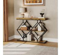 GarveeMore Console d’entrée étroite 99 cm, 3 niveaux avec étagères ouvertes - Style industriel, cadre métal géométrique losange - Étagères en bois d’ingénierie, idéale derrière canapé - Marron vintage