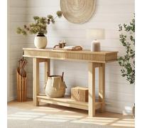 GarveeMore Console d’entrée Style Farmhouse cannelée 140 cm, Table étroite en Bois 2 Niveaux avec étagère de Rangement, derrière canapé, pour Couloir et Salon - Coloris Bois Naturel