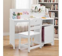 GarveeMore Ensemble Bureau + Chaise Enfant en Bois - Bureau d’écolier Compact avec surmeuble (Hutch) et Armoire de Rangement - Table pour Chambre/Salle d’étude - Blanc