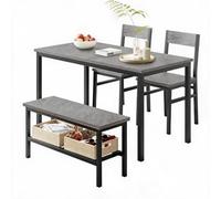 GarveeMore Ensemble Repas 4 Pièces Gain De Place - Table Rectangulaire + 2 Chaises + Banc avec Rangement - Style Moderne, Structure Métal Robuste & Plateau Aspect Bois - pour Cuisine/Appartement -